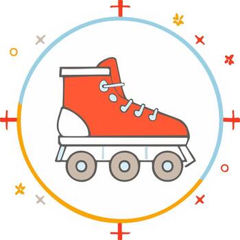 Vibrant Red Retro Quad Roller Skate Illustration within Playful Abstract Circular Frame vector