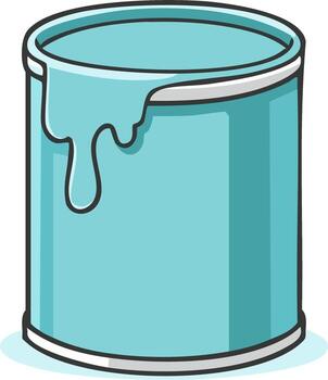 Illustration of a metal can overflowing with light blue paint creating a dripping effect showing the viscous liquid content inside vector
