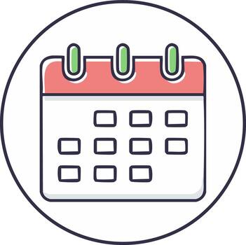 vistoso calendario icono dentro un circulo representando tiempo, cronograma, equipo, y eventos concepto vector