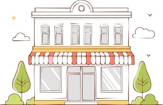 Two Story Storefront with Awning Windows and Trees Hand Drawn Illustration vector