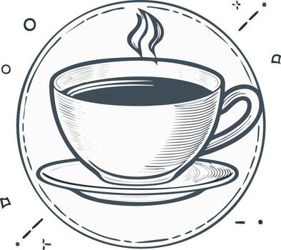 Stylized Sketch of Hot Drink in Cup with Saucer Inside of Dotted Circle with Various Graphic Elements Surrounding vector
