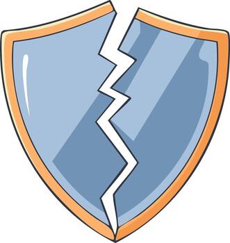 illustration of a broken shield symbol representing damaged security and vulnerability crisis vector