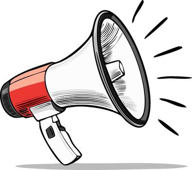 Bright red and white megaphone illustration broadcasting an important message and capturing attention with sound waves vector
