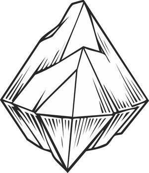 Monochrome mineral illustration with sharp lines showing a crystal structure and unique angles of a diamond vector