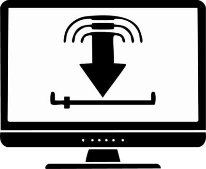 Computer screen displays download progress with downward arrow and signal waves vector