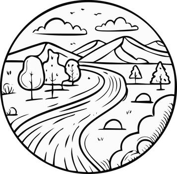 Scenic landscape drawing in a circular frame with mountains, river, and trees vector