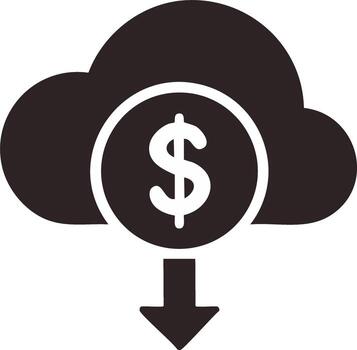 Cloud with dollar coin and downward arrow, signifying decrease in cloud computing costs vector