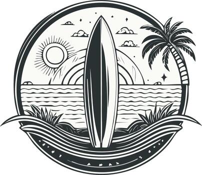 Surfboard stands on a beach with a palm tree ocean waves and a bright sun under a circular sky design vector