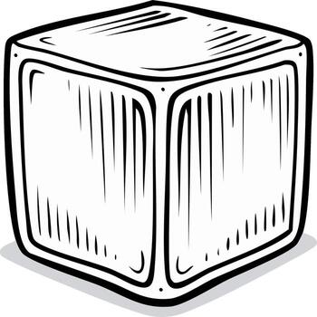 Hand-drawn ice cube illustration showing crisp, cool cube with detailed sketch lines and simple shading, emphasizing the cold and geometric form vector