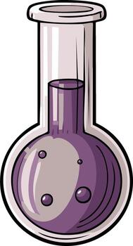 Cartoon illustration of a round bottom flask with a bubbling purple liquid for a science experiment vector