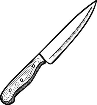 Hand-drawn of a long chef knife with a wooden handle. Sharp kitchen tool for slicing and cutting food. Outline style drawing vector