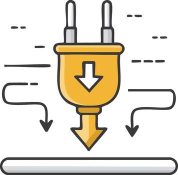 Electrical power plug with downward arrows representing energy transfer or connection vector