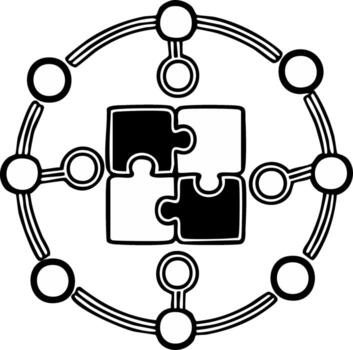 Interconnected puzzle pieces symbolizing collaboration and team connection within a network structure vector