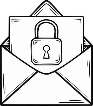 Hand drawn illustration of a locked envelope with a document inside representing secure communication or confidential mail vector