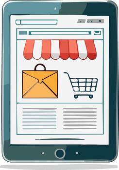 Tablet display showcasing online shop with shopping cart and email, sketch style vector