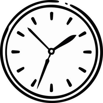 Hand drawn analog clock icon. Simple black and white line art sketch of a round timepiece vector