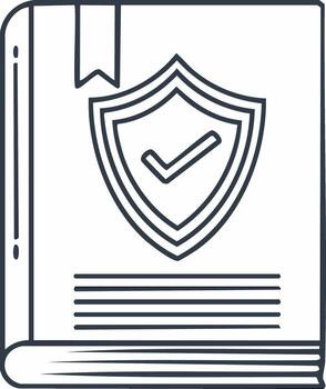 Outline of a book with a shield on the cover indicating information security and guaranteed data privacy vector