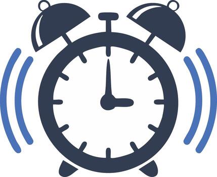 estilizado oscuro azul alarma reloj icono con El sonar campanas, simbolizando hora gestión, alerta, y Mañana rutina vector