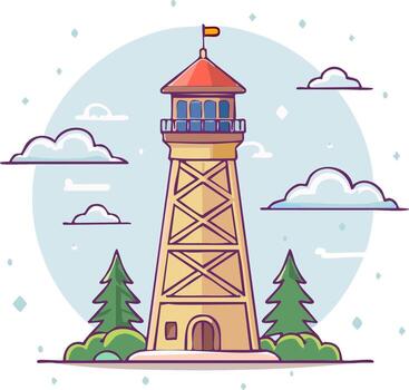 faro en colina con pino arboles y nubes en un sencillo dibujos animados estilo vector