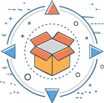 Open shipping box surrounded by directional arrows and abstract circular elements vector