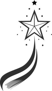 Stylized black and white shooting star illustration with a dynamic swirling comet tail and sparkles vector