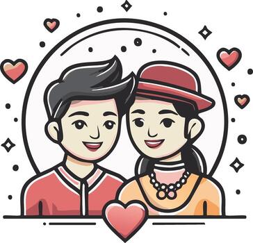 Smiling couple in a circular frame with hearts and sparkling elements representing love and togetherness vector