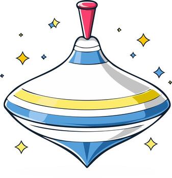 Cartoon top toy, spinning top with stripes, retro toy object with a stick and sparkling stars around vector
