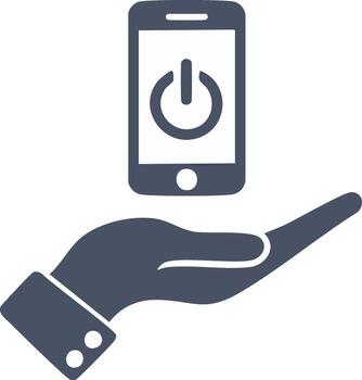 Smartphone with power button symbol held in open hand vector