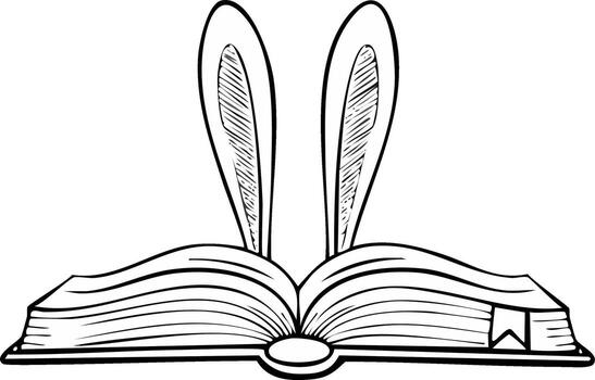 linda Conejo orejas echar un vistazo fuera desde un abierto libro, un caprichoso línea Arte bosquejo para leyendo y imaginación vector