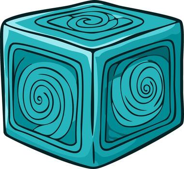 Abstract turquoise cube with spiraling design, isolated on white background, cartoon style vector