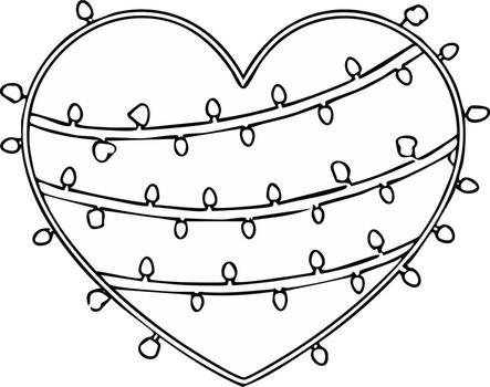 Heart shape decorated with string lights, simple black and white outline drawing vector