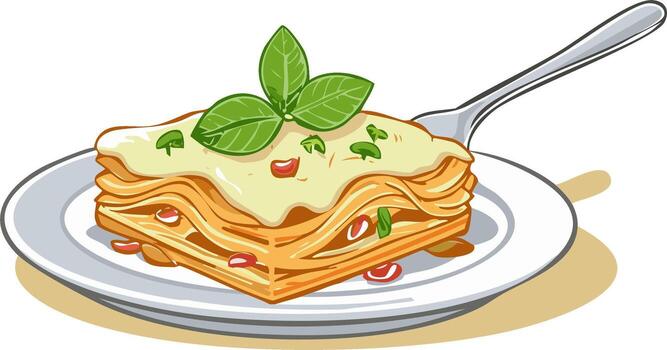 apetitoso lasaña parte servido en plato con tenedor y Fresco albahaca adornar vector