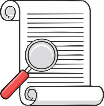 Illustration of a magnifying glass examining a scrolled document with text lines vector