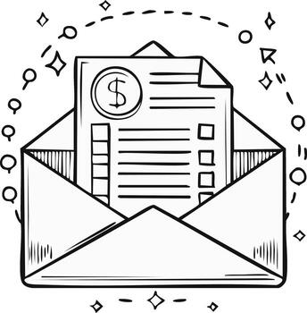 Hand drawn financial document with dollar sign inside open envelope bill or invoice vector