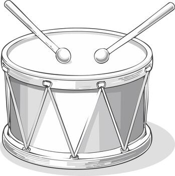 Grayscale line art illustration of a classic snare drum with a pair of drumsticks resting on top vector