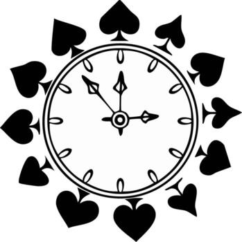 redondo reloj cara con pala traje símbolos rodeando el frontera y reloj manos señalando a Tres en punto vector