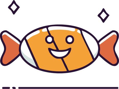 Smiling candy cartoon illustration with sparkles and fish-like features, playful design vector