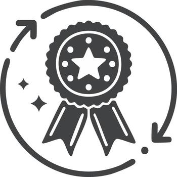 Award ribbon icon representing quality certification, star, and circular arrows signifying continuous improvement and recognition vector