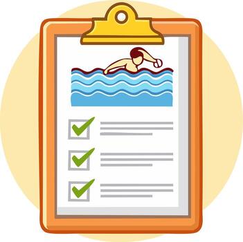 Swimming checklist on clipboard with swimmer graphic icon completed tasks vector