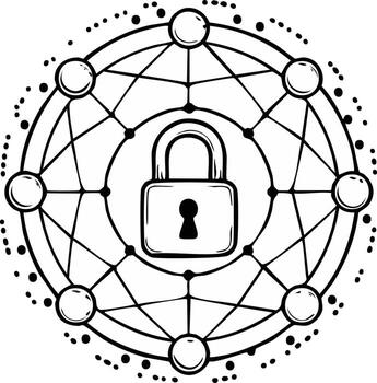 Cyber Security Outline with Padlock Centralized Among Connected Nodes on a Network vector