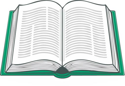 Green covered book open displaying pages with text lines symbolizing education and knowledge vector