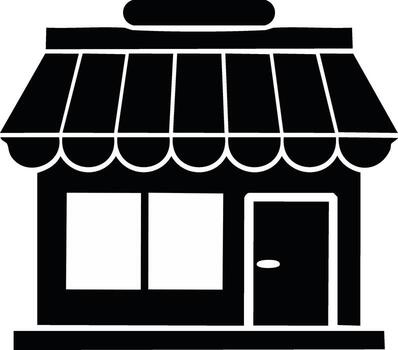 Simple black silhouette icon of a storefront building with an awning, representing a local business or shop vector