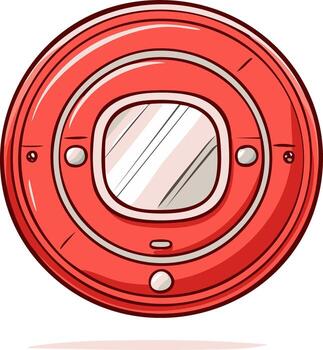 Red stylized round device with a central screen, buttons, and a layered design vector