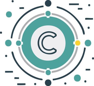 Letter C inside concentric teal and grey circles, connected by lines and dots with scattered elements vector