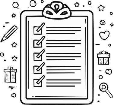 Cute hand drawn illustration of a checklist on clipboard with completed tasks and planning elements vector