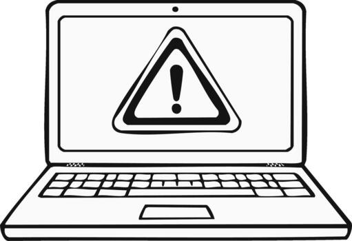 Laptop computer displaying an important warning triangle alert symbol line art illustration vector
