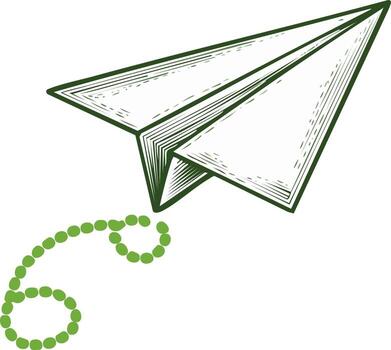 Drawn paper plane with curved line of green dots emphasizing the flight path and direction vector