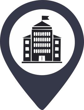 Universidad edificio icono en oscuro azul ubicación alfiler puntero vector