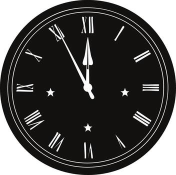 Illustration of a clock face with Roman numerals showing five minutes to twelve vector