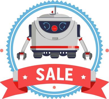 Friendly robot character promoting a sale in a circular badge design with red ribbon vector